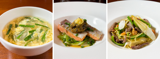 ニラ玉スープ /サケ蒸しの葱生姜風味 /牛肉の炒め焼きそば ニラ玉スープ /サケ蒸しの葱生姜風味 /牛肉の炒め焼きそば