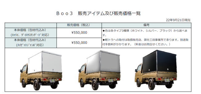 軽トラ積載用カーゴボックス「Ｂｏｏ３」（ブースリー）の新規オプション類の発売について 企業リリース | 日刊工業新聞 電子版