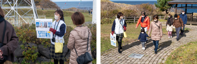 （左）フリップを使ってビジュアルを提示しながら解説 　（右）公園の遊歩道には日本や世界の灯台が描かれています