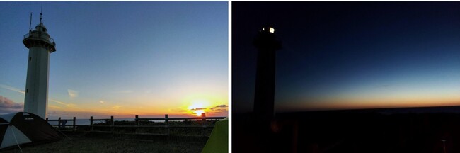 （左）灯台キャンプの夕日（右）夜は星空が輝いていました
