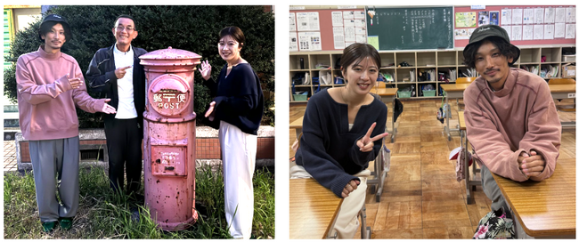 写真左中央：布土小学校教諭で2015年から野間埼灯台登れる化プロジェクトを推進する、美浜まちラボの林達之(55) 写真右：特別授業を控え布土小学校教室内に訪れた、現代版 灯台守の佐々木美佳(25)、仙敷裕也(35)