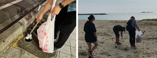 （左）側溝付近でのごみ拾い：国際通り　（右）友達と楽しくごみ拾い：豊崎海浜公園