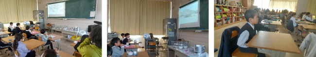 アニメ「百貫島物語」を教室で鑑賞する鞆の浦学園の児童たち