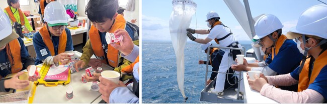 （左）縮んだ容器は触り心地も変わってました（右）プランクトンネットで深海250ｍの生物採集