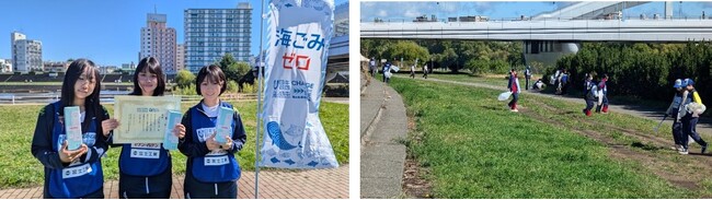 （左）優勝した札幌大谷高校「ゴミ取リオ」の3人