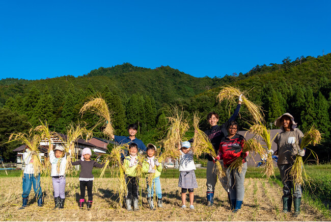 地域の子どもたちと稲刈りの様子