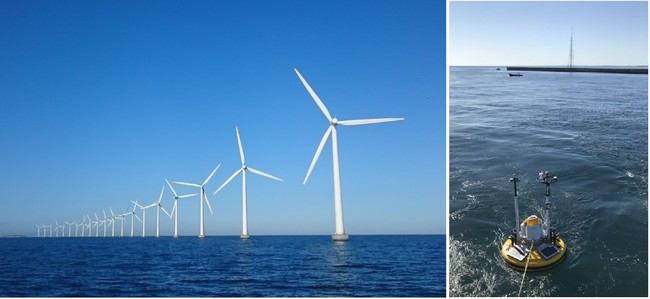 洋上風力発電所（左）とフローティングライダー観測の事例※（右） ※青森県むつ小川原港におけるフローティングライダー観測（2019-21年度NEDO「洋上風況調査手法の確立」事業）。神戸大学 洋上風況セミナー資料より（2021年3月1日開催）