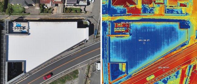 ネッツトヨタ埼玉熊谷店の俯瞰写真（左）とサーモグラフィ画像（右） 周囲の道路の温度が約59℃なのに対し、「（仮称）イノベーションプルーフRR」を施工した建物屋上の表面温度は約39℃に抑えられている。