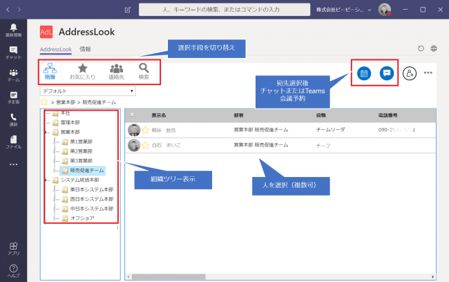 Microsoft Teams」 と「階層型アドレス帳」が連携し