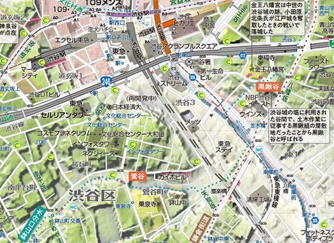 ＜『東京23区凸凹地図』の高低差色分け地図例「渋谷」拡大＞