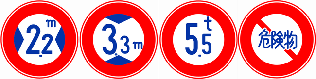 左から車幅制限、高さ制限、重量制限、危険物積載車両通行止めの各規制標識データ