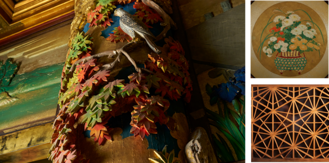 芸術家たちによる秋の草花　写真左）「漁樵の間」の床柱”紅葉”、右上）「静水の間」の日本画”花籠”、右下）「頂上の間」の組子細工”リンドウ”