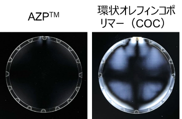 射出成形レンズの偏光観察 （複屈折により偏光が乱れると白い光漏れが観察される）