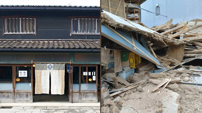 鳥居醤油店｜左：震災前の店舗、右：震災後の倉庫
