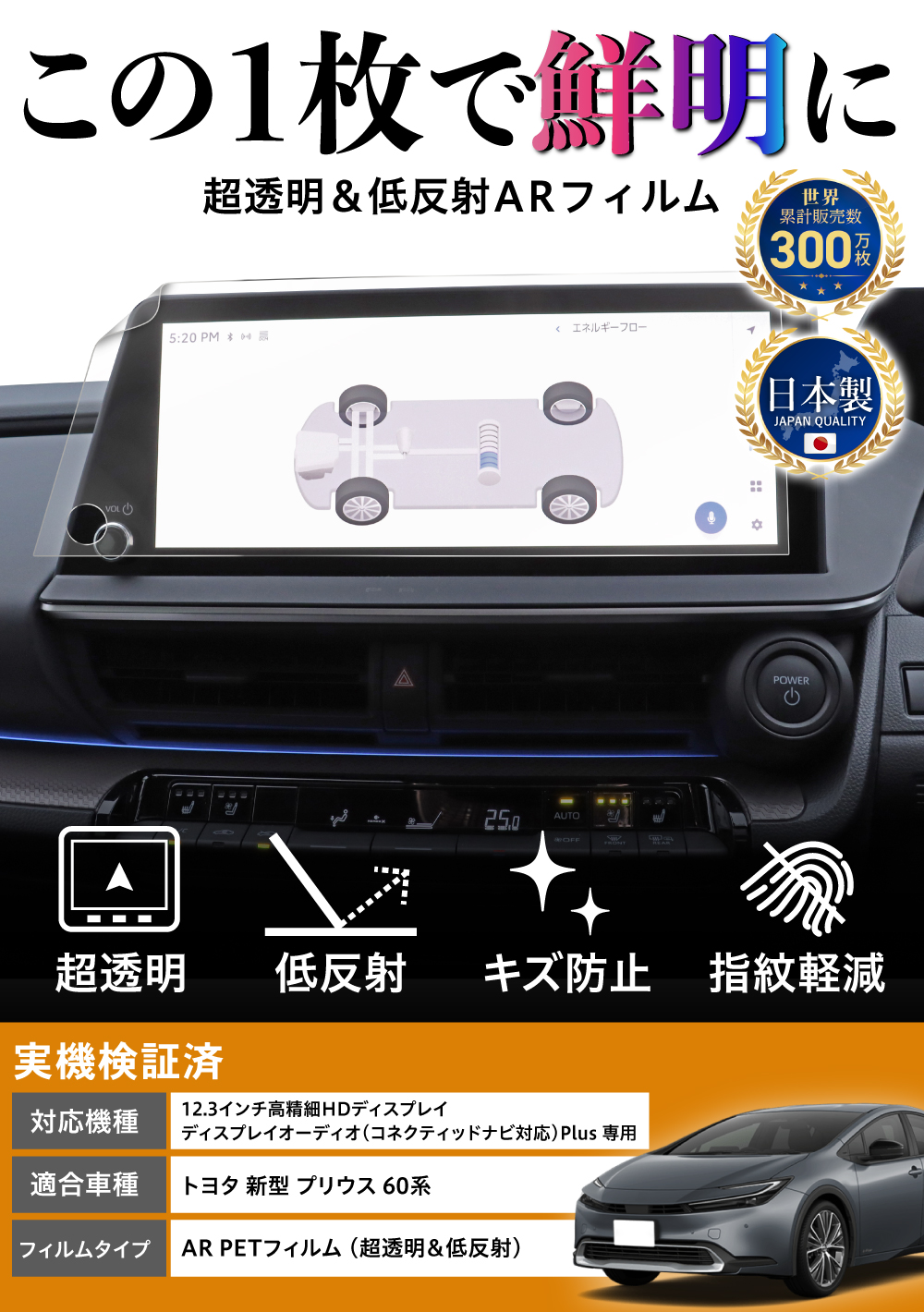 【実機検証済み・完璧フィット】 トヨタ 新型 プリウス 60系 12.3インチ カーナビ 専用 保護フィルム が新発売! この1枚で「⾒やすく ...