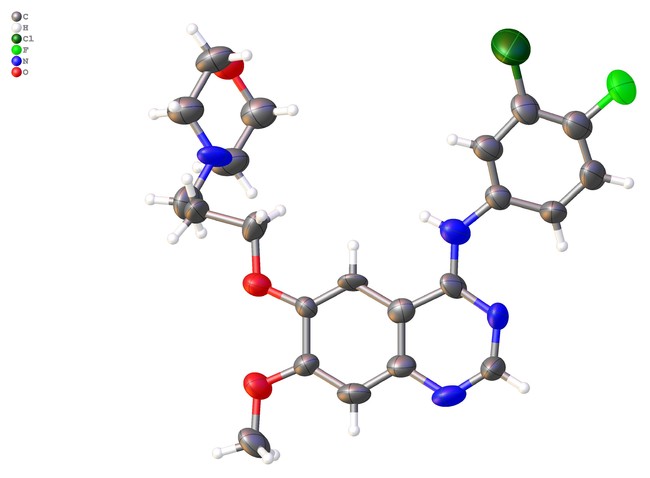 写真2：電子回折統合プラットフォーム「Synergy-ED」で解析した、Gefitinibの分子構造（結晶サイズ：300ナノメートル）。