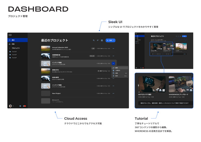 ダッシュボード画面では、複数のプロジェクトを管理することができます。また、360°メディアの撮影方法や編集のしかたをチュートリアル動画で学ぶこともできます。