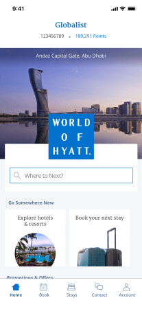 World of Hyattモバイルアプリのホーム画面イメージ