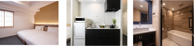 独立したベッドルーム、電子レンジ・食器・調理器具のあるキッチン、洗い場と湯船のあるバスルーム 独立したベッドルーム、電子レンジ・食器・調理器具のあるキッチン、洗い場と湯船のあるバスルーム