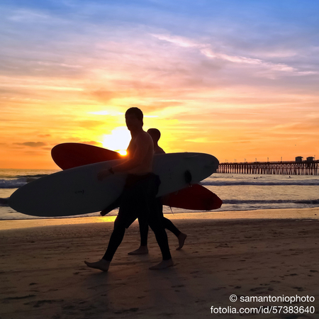 Surfers Sunset Oceanside Pier Beach San 
