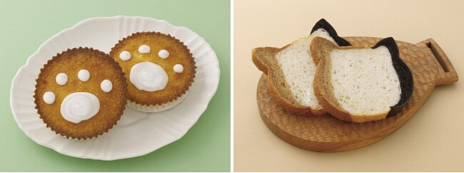 （左）ガトーにゃんテ ルビアン（日暮里）1個　324円／（右）ねこ型食パン（三毛猫） ルビアン（日暮里）1個　486円