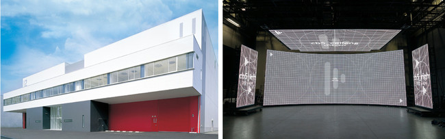 （左）東宝スタジオNo.11ステージ外観、（右）LEDディスプレイ設置イメージ