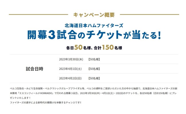 北海道日本ハムファイターズ開幕3試合 開幕戦チケットプレゼント