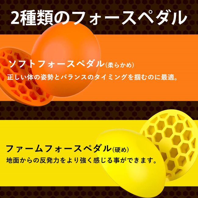 ⼆種類のフォースペダルが同梱（柔らかめのオレンジ×1、硬めのイエロー×1）。使い分けによって、シーンや⽤途に合わせた練習が可能です。