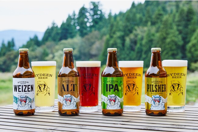 ライディーンビール 左からヴァイツェン、アルト、IPA、ピルスナー