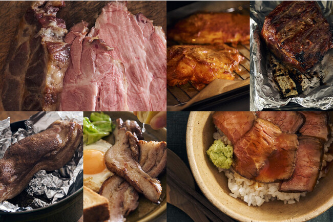 左から時計回りに、絶品ローストポーク、パプリカローストチキン、絶品焼豚、ローストビーフ丼、ベーコンキャベツエッグ、絶品ベーコン