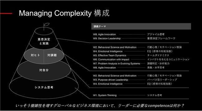 ミネルバの考える次世代リーダーに必須なスキルには、パーパス型リーダーシップ、インパクトを与えるコミュニケーション、行動心理/モチベーション理論など、自分自身や周囲の人の理解を深めるためのスキルも含まれる。 ミネルバの考える次世代リーダーに必須なスキルには、パーパス型リーダーシップ、インパクトを与えるコミュニケーション、行動心理/モチベーション理論など、自分自身や周囲の人の理解を深めるためのスキルも含まれる。