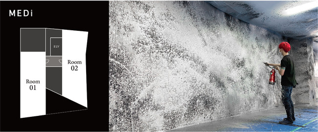（左）40坪×２部屋のMEDi平面プラン （右）内装を手がける現代美術作家 Houxo Que氏