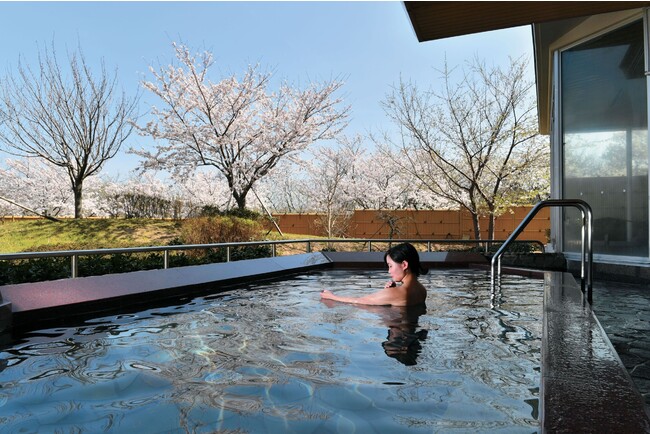 青い海と空、桜のピンクが美しい花見露天風呂