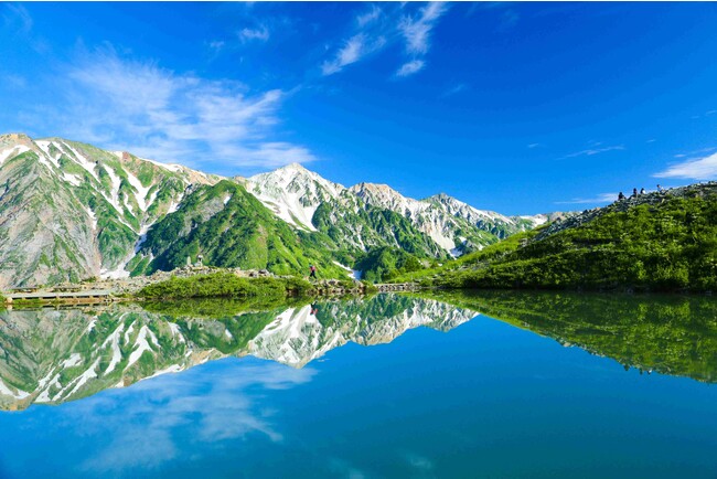 八方池は標高2060mにある自然の池で、好天に恵まれた日に望む池越しの白馬三山は絶景です