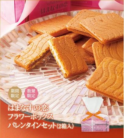 【期間限定】はまなすの恋　フラワーボックス　バレンタインセット(2箱入）税込1,036円　・ホワイトチョコレートウイッチ（8枚入）×1箱、ミルクチョコレートウイッチ（8枚入）×1箱