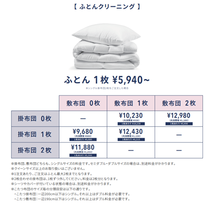 ふとんクリーニングも取り扱い