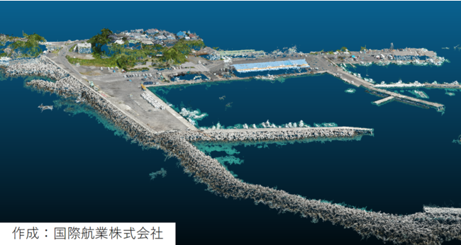 連続写真をもとに、3次元点群データ化した和具漁港　ソフトウェア上では、港湾施設等の立体的な様子が確認できる