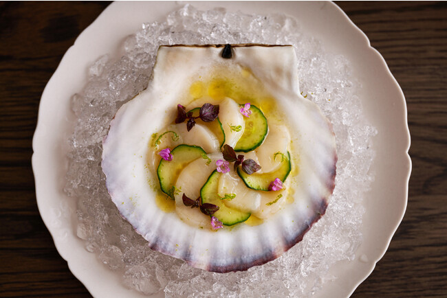 北海道産帆立貝、昆布漬け胡瓜とすだち