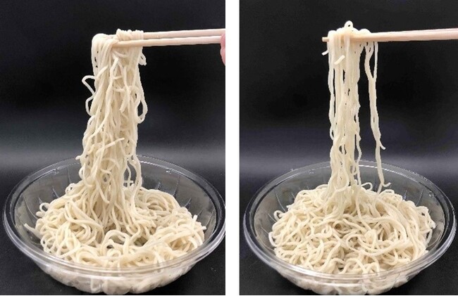 中華麺をチルド温度帯で２日保管後、ほぐし水を加えて箸で持ち上げたときの様子、左が無添加、右が「エレメント215」添加