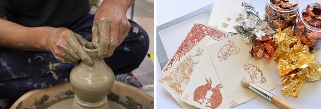 左：「波佐見焼」ろくろ成形　右：「大洲和紙」ギルディング(金箔)和紙ポストカード製作体験