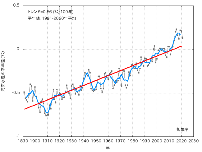 「海面水温の長期変化傾向（全球平均）診断(2021年)」（気象庁ホームページより）