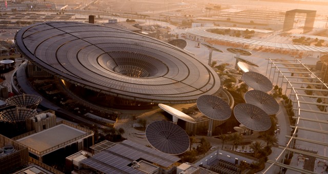 Aerial view of the Sustainability Pavilion at Expo 2020 Dubai