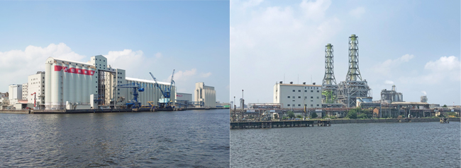 京浜運河：（左）日清製粉鶴見工場　　　（右）川崎天然ガス発電(株)