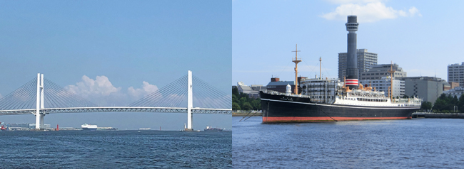 横浜港：（左）横浜ベイブリッジ　　　（右）氷川丸と山下公園方面