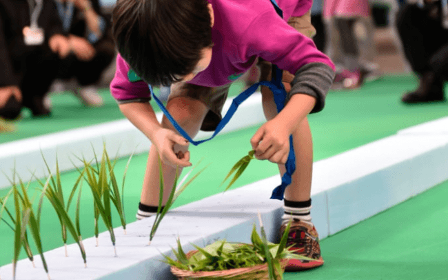 毎年人気の「田植え競争」では、子どもたちが実際の農作業を体感