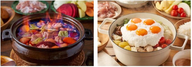 ▲「週末ごちそう鍋」商品例：左から「ウォッカでフランベ！ボルシチ鍋」「ふわとろメレンゲ鍋」