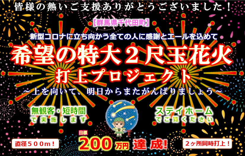 群馬県千代田町 希望の特大２尺玉花火２か所同時打上プロジェクト 感謝 Cf目標額２００万達成 当日 千代田町の夜空に大輪の花火咲かせます Youtube Instagramでの生ライブあり 千代田町役場のプレスリリース