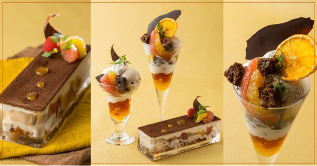 中央)各店の「アールグレイとショコラブラウニーパフェ」右)林屋茶園 左)日比谷 林屋新兵衛 中央)各店の「アールグレイとショコラブラウニーパフェ」右)林屋茶園 左)日比谷 林屋新兵衛