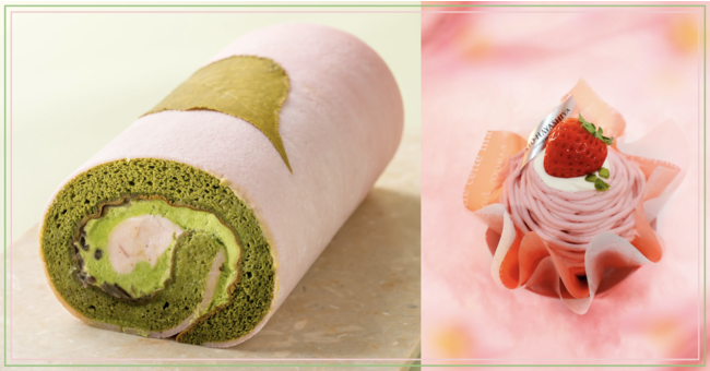 左）桜の抹茶ロールケーキ 右）晴海直売所限定「春待ちいちごのモンブラン」