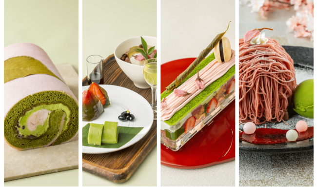 左から)桜の抹茶ロールケーキ、和スイーツ懐石、春風かおる 桜パフェ、和もんぶらん桜 左から)桜の抹茶ロールケーキ、和スイーツ懐石、春風かおる 桜パフェ、和もんぶらん桜